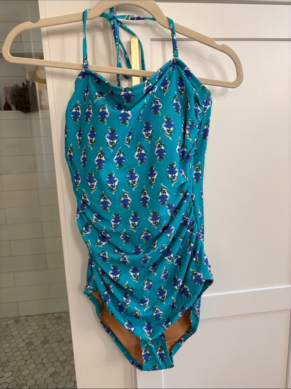 J. Crew Factory Turquoise Floral One-Piece Swimsuit with Blue and White Print